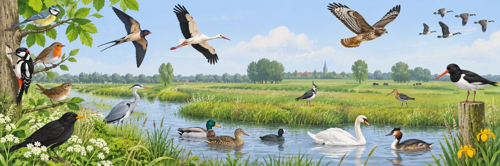 Panorama van een Nederlands polderlandschap met een sloot, waarin en waaromheen vogels zoals een ooievaar, buizerd, blauwe reiger, knobbelzwaan, wilde eend, scholekster en koolmees te zien zijn.